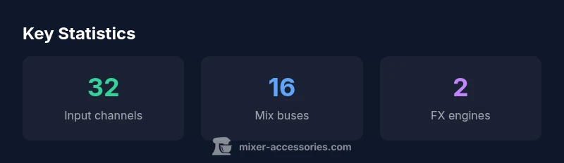 Stats infographic showing input channels, mix buses, and effects engines for Behringer 32-channel mixers