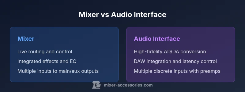 Diagram comparing a mixer and an audio interface with live routing vs high-fidelity recording
